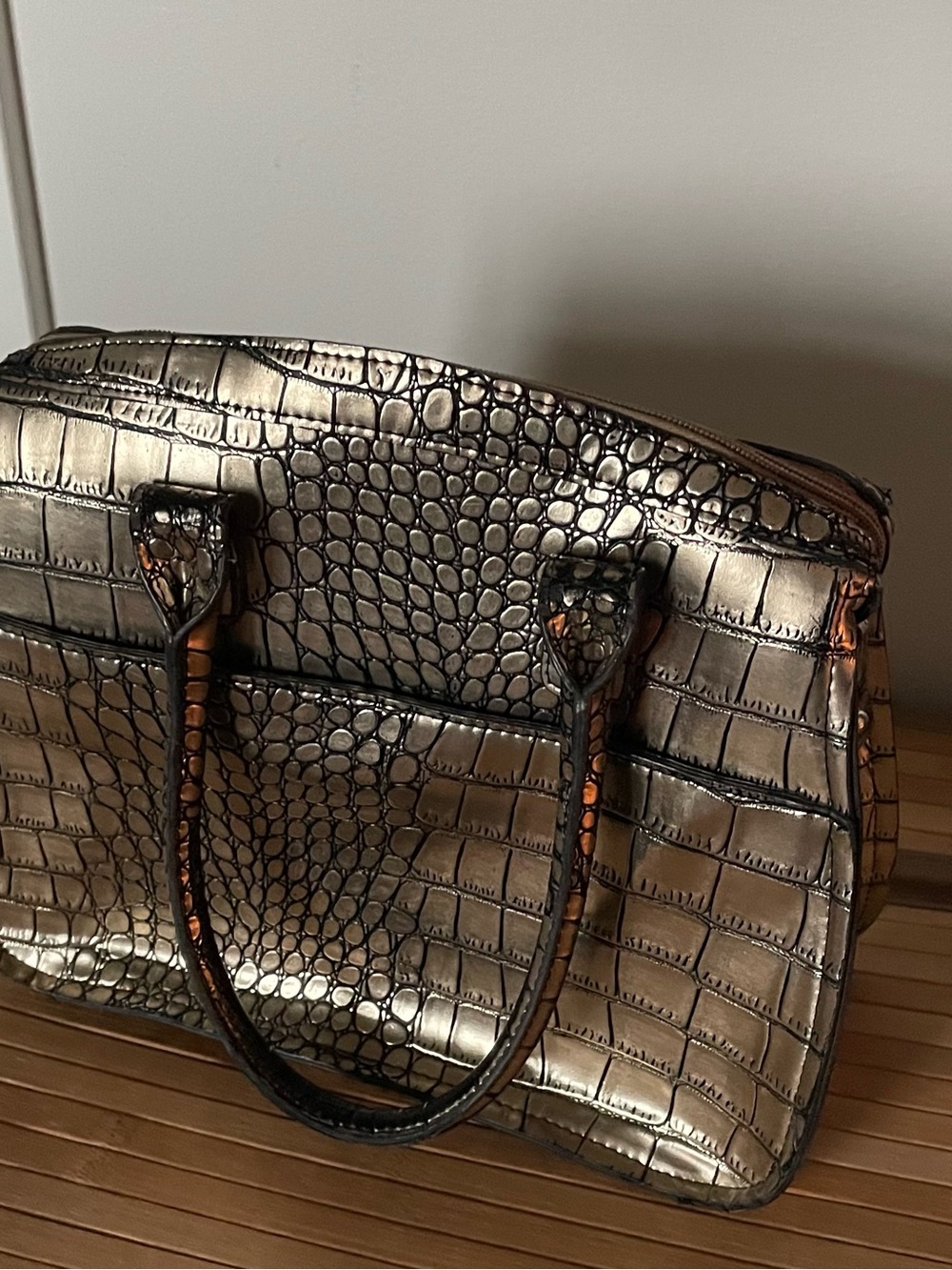 London Fog Metallic Bronze Croc-Embossed Satchel
